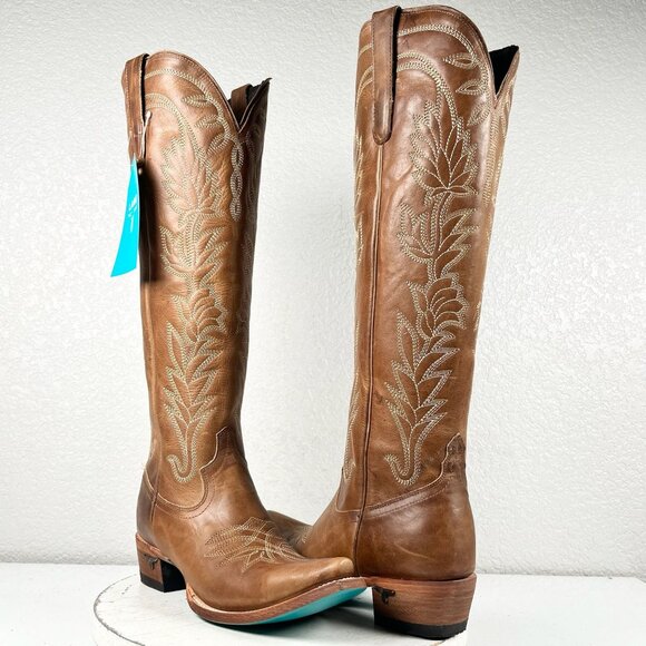 Lane Boots Shoes - Tan Heeled Boots with Intricate Embroidery